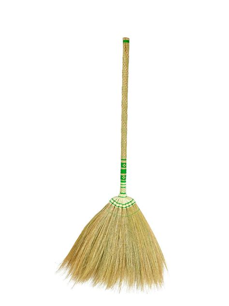 Brof Asian Natural Grass Broom With Bamboo Stick Full Embroidery Woven