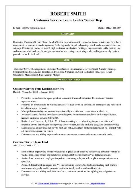 Access all the cv templates below and 1000's more. Customer Service Team Lead Resume Samples | QwikResume