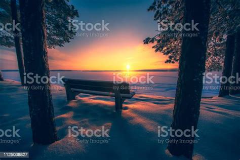 Very Cold Day Sunset Scenery From Sotkamo Finland Stock Photo