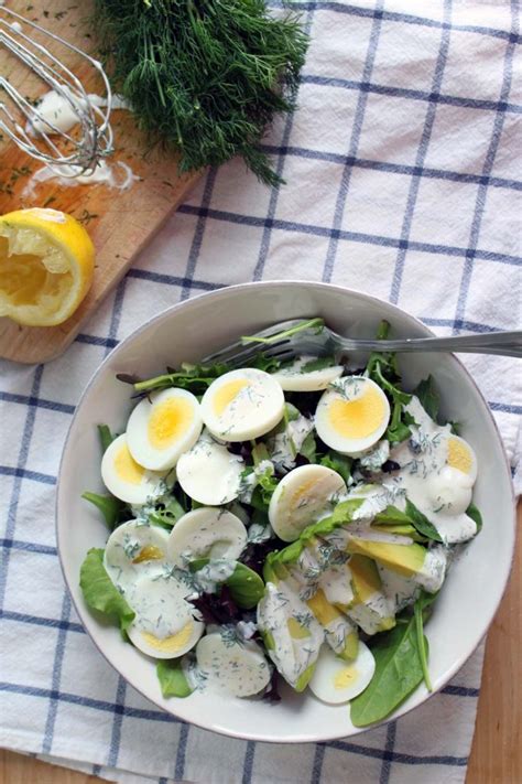 Mixed Greens Salad With Egg Avocado And Creamy Lemon Dill Dressing