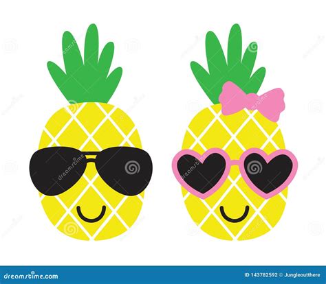 Cute Pineapples Wearing Sunglasses In Summer Vector Illustration Stock