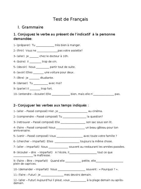 Test De Francais Pdf Verbe Genre Grammatical