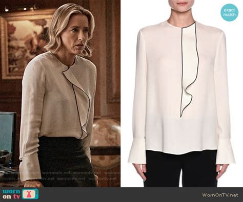 WornOnTV Elizabeths white ruffled front blouse on Madam Secretary Téa Leoni Clothes and