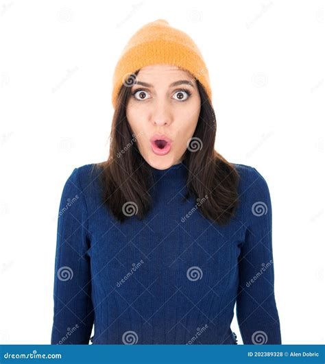 Surprised Beautiful Woman Stare To Camera Isolated On White Background
