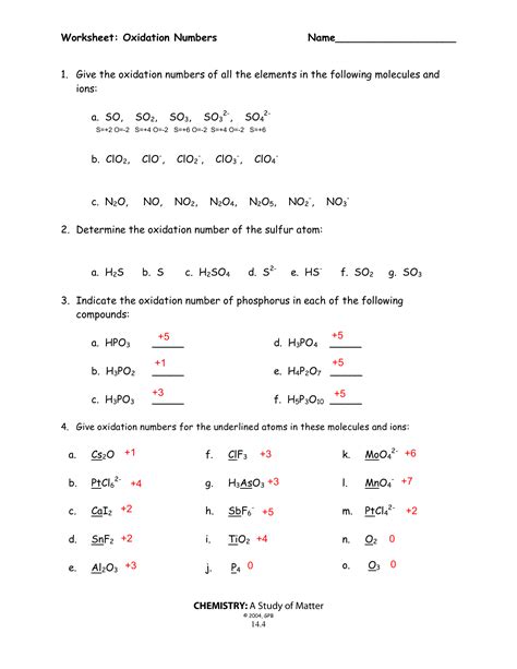 Worksheet Oxidation Numbers Chemistry A Study Of Matter 2004 Gpb