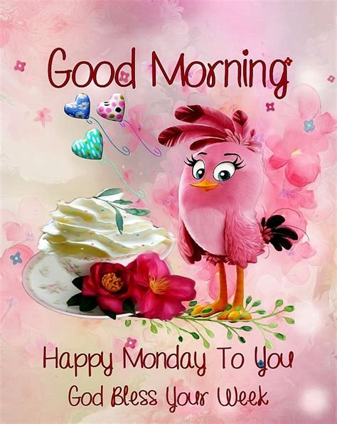 Cute Pink Birdy Good Morning Happy Monday Quote Pictures