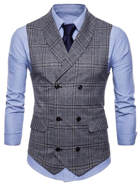 2018 Men V Neck Double Breasted Flap Pockets Plaid Waistcoat Male Business Waistcoat Vests For