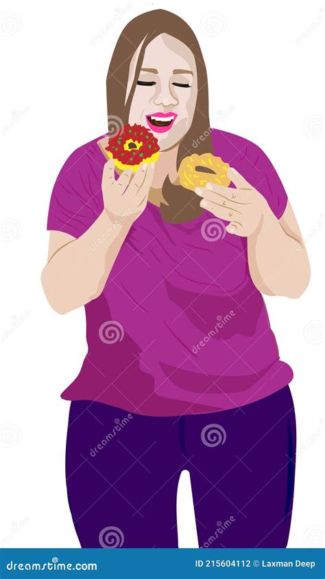 Overweight Obese Woman Eating Donuts And Dreaming Of Fit And Slim Bodyof Stock Illustration