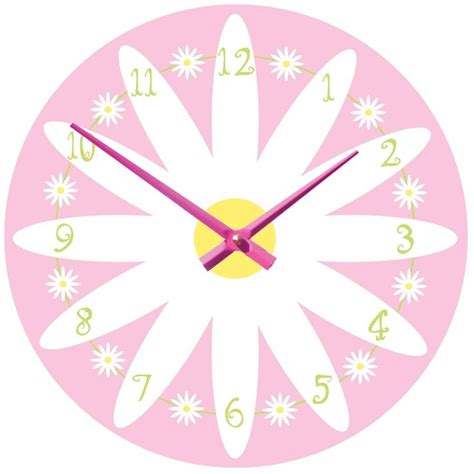 A Pink Clock With White Flowers And Numbers On The Face Is In Front Of