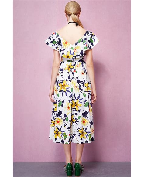 A floral long sleeve over the knee dress in green. Cap Sleeves V-neck Floral Print Midi Wedding Guest Dress ...