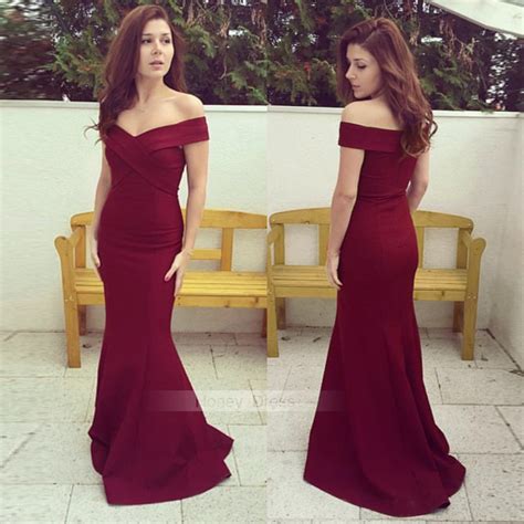 Honey Dress — Wine Red Satin Off The Shoulder Long Formal Dress Burgundy Mermaid Prom Gown With