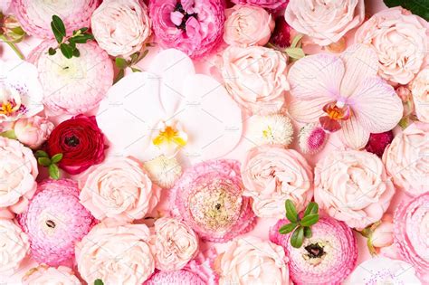 Flowers Flat Lay Composition High Quality Holiday Stock Photos