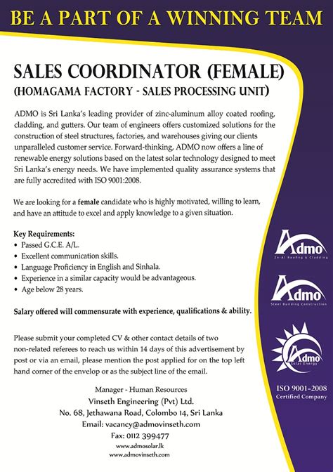 Your job as a sales associate will be to meet with prospective buyers and assist them in making their purchasing decisions. Sales Coordinator (Female)