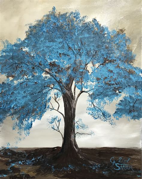 A Painting Of A Blue Tree With Brown Ground