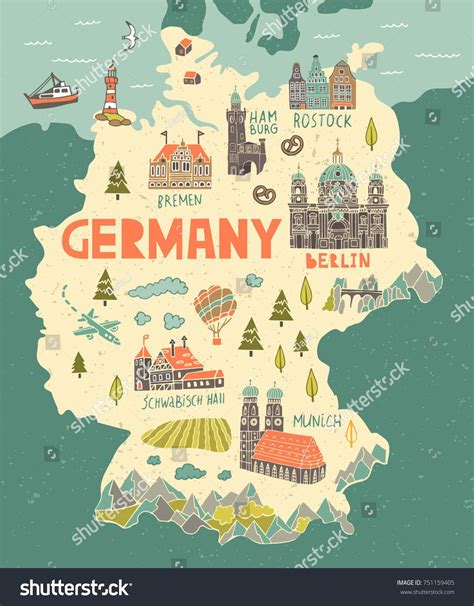 Illustrated Map Germany Travel Attractions Stock Vector Royalty Free