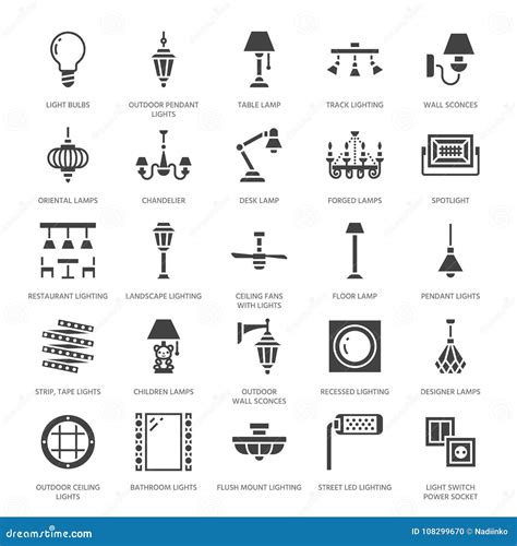 Light Fixture Lamps Flat Glyph Icons Home And Outdoor Lighting