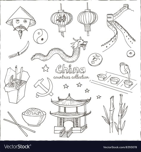 Hand Drawn Doodle China Symbols Set Royalty Free Vector