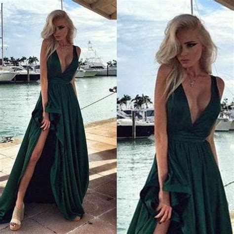Hunter Green Elegant Long Prom Dresses Side Split V Neck Backless Evening Gowns 2016 Vestido