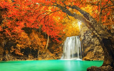 Landscape Nature Colorful Waterfall Trees Fall Red Yellow