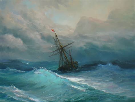 Ship In Stormy Sea Painting By Vladislav Shurganov Artmajeur