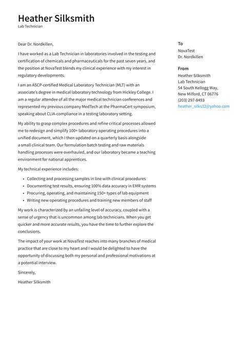 Lab Technician Cover Letter Example & Writing Guide · Resume.io