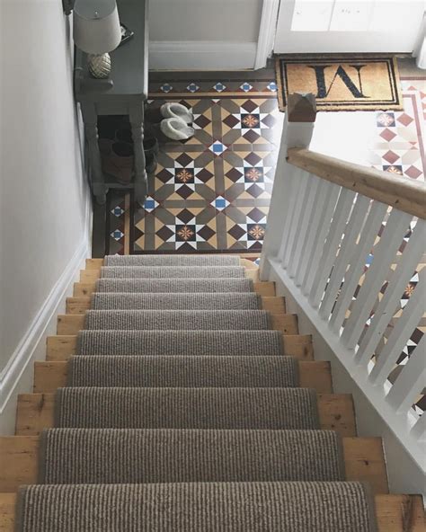 Hallway With Original Minton Tiles Stripped Staircase And Carpet