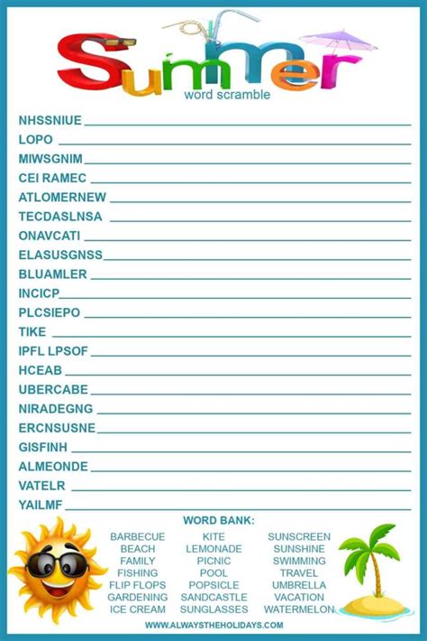 Summer Word Scramble With Answers Free Summer Printable For Kids