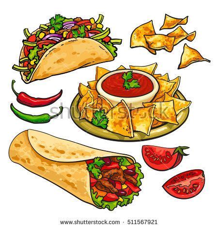 Set Of Traditional Mexican Food Burrito Taco Nachos And Chili Salsa