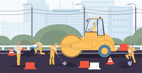 Builder Working At Road Autobahn Construction Site 9361170 Vector Art