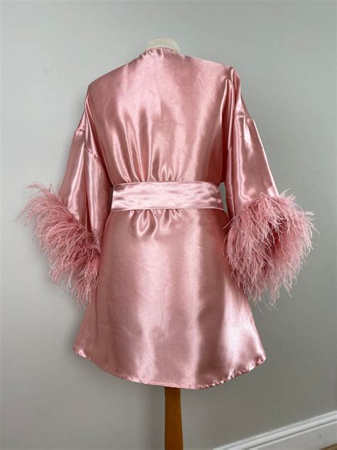 Short Satin Robe With Ostrich Feather Trim In Peach Pink Etsy