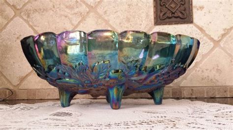 This Is The Most Beautiful Iridescent Blue Indiana Carnival Glass Footed Oval Fruit Bowl In The