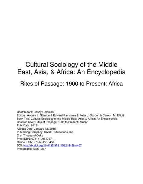 Pdf Rites Of Passage 1900 To The Present Africa Cultural Sociology Of The Middle East Asia