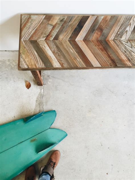 Pack flat the slats of wood to build the chevron or herringbone style seat of the bench and then finish it up with a lovely wooden base that is quick to build also. Reclaimed wood custom bench
