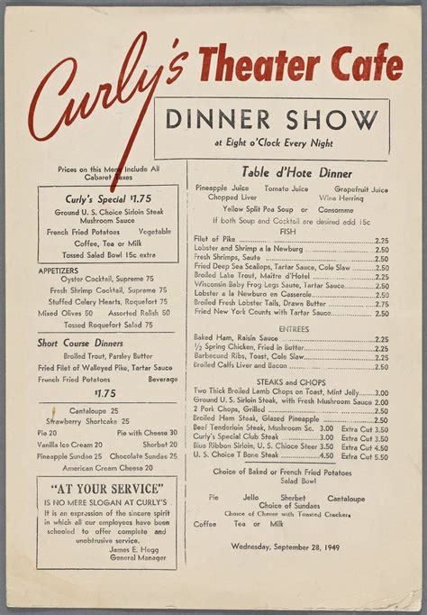 1940s Menu For Curlys Theater Cafe Diner Menu Cafe Menu Menu