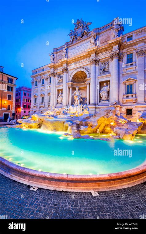 Rome Italy Stunningly Ornate Trevi Fountain Illuminated At Night In