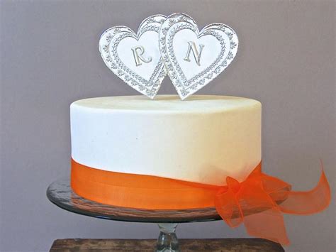 Silver Monogram Wedding Cake Topper Two Hearts Custom Initials