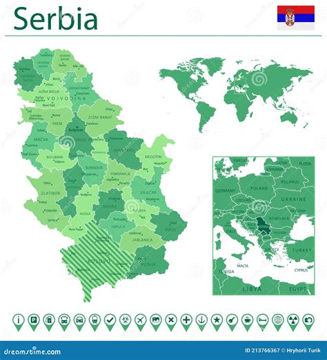 Serbia Detailed Map And Flag Serbia On World Map Stock Vector