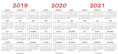 Printable 3 Year Calendar 2019 2020 2021 Calendar Inspiration Design