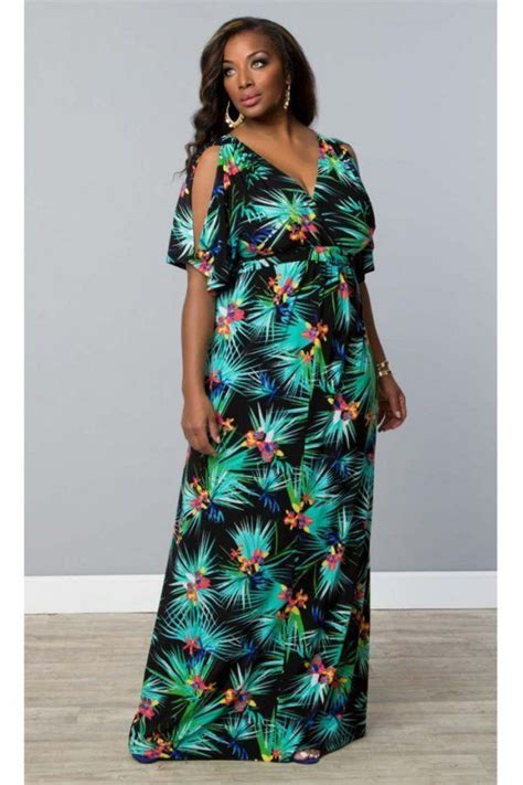 Kiyonna Dress Plus Size X Coastal Cold Shoulder Style Maxi Tropical