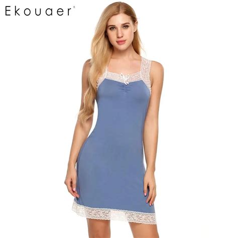 Ekouaer Cotton Nightgown Women Sleepwear Lingerie Dress Sleeveless Lace Patchwork Square Neck
