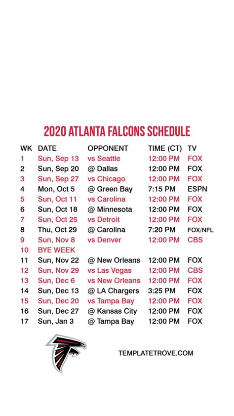 Atlanta Falcons Printable Schedule 2021 Printable Schedule