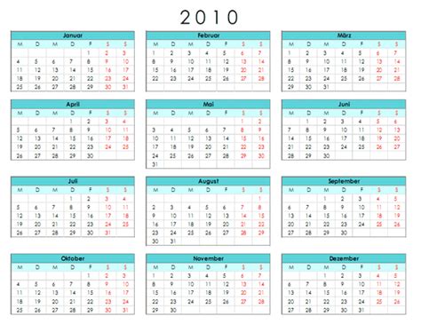 Kalender 2012 mit kalenderwochen und feiertagen. Jahreskalender 2010 Office-Vorlage - kostenlos runterladen