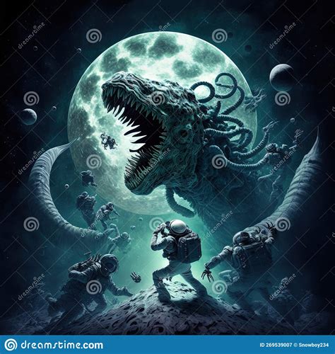 Astronauts Fighting Giant Monster From Lovecraft Nightmare Generative
