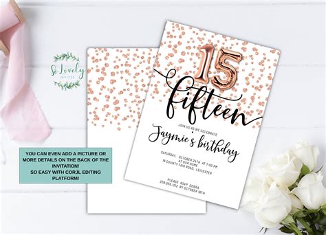 Rose Gold Glitter 15th Birthday Invitation Editable Birthday Etsy
