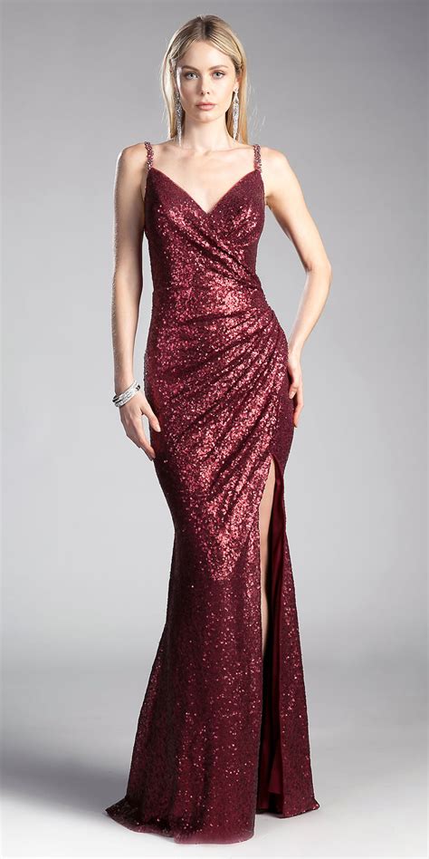 Cinderella Divine Cr811 Burgundy Sequins V Neck Long Prom Dress With Slit Discountdressshop