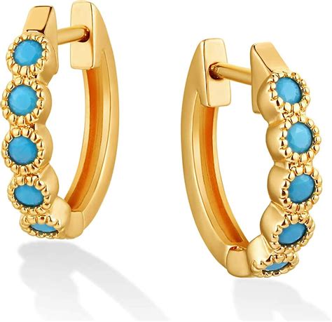 GUEMER Gold Chunky Turquoise Huggie Hoop Earrings 14K Gold Plated