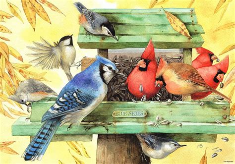 Blue Skies Blue Jay Chickadees Cardinals Bird Feeder Painting