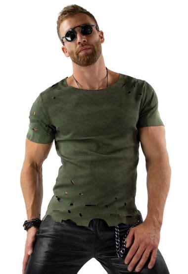 Military Green Ripped T Shirt Men Distressed Green Tee