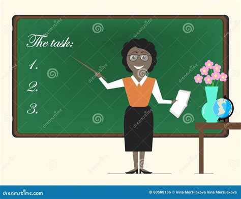 Woman Teacher African American Standing At The Blackboard With A Stock