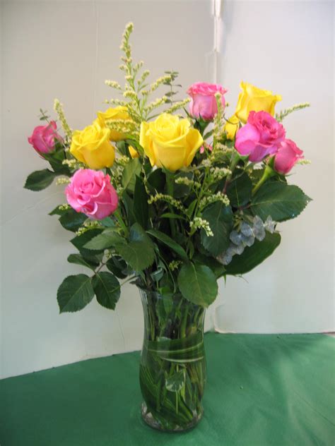 1 Dz Pink And Yellow Roses Arrangement In Bedminster Nj Blooms At The